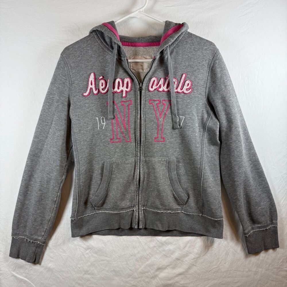 Aeropostale NY Sherpa-Lined Zip Up Hoodie Gray Pink Womens M